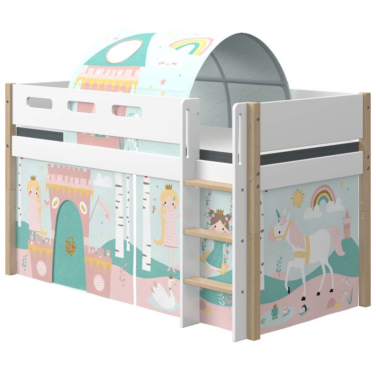 Mittelhohes Bett 90x200cm gerade Leiter NOR Flexa Eiche-weiß