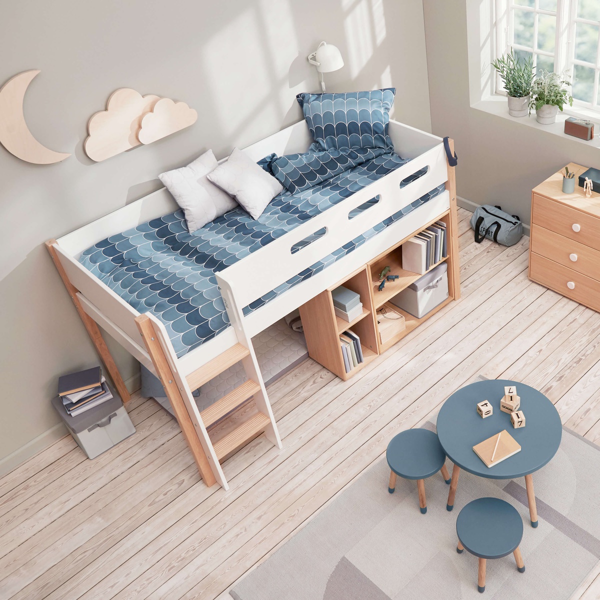 Mittelhohes Bett 90x200cm gerade Leiter NOR Flexa Eiche-weiß