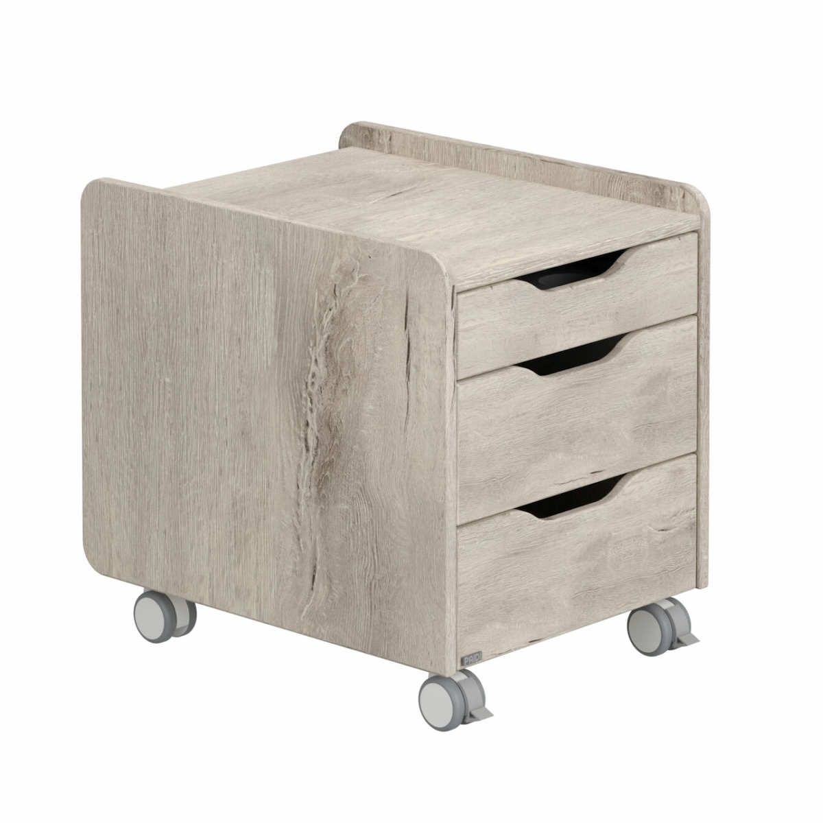 Mobiler Container 3S, nautisches Schiff NB, darunter ein Plateau mit Utensilien, in der Mitte und am Boden ein Wasserhahn, jeweils mit automatischer Verriegelung und Abschreibung DIEGO Schreibtische Paidi Nautische Eiche