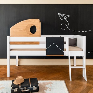 Niedrige Spielbett-Kajuete halbhoch KASVA Buche massiv weiß-lackiert Eiche furniert-geölt