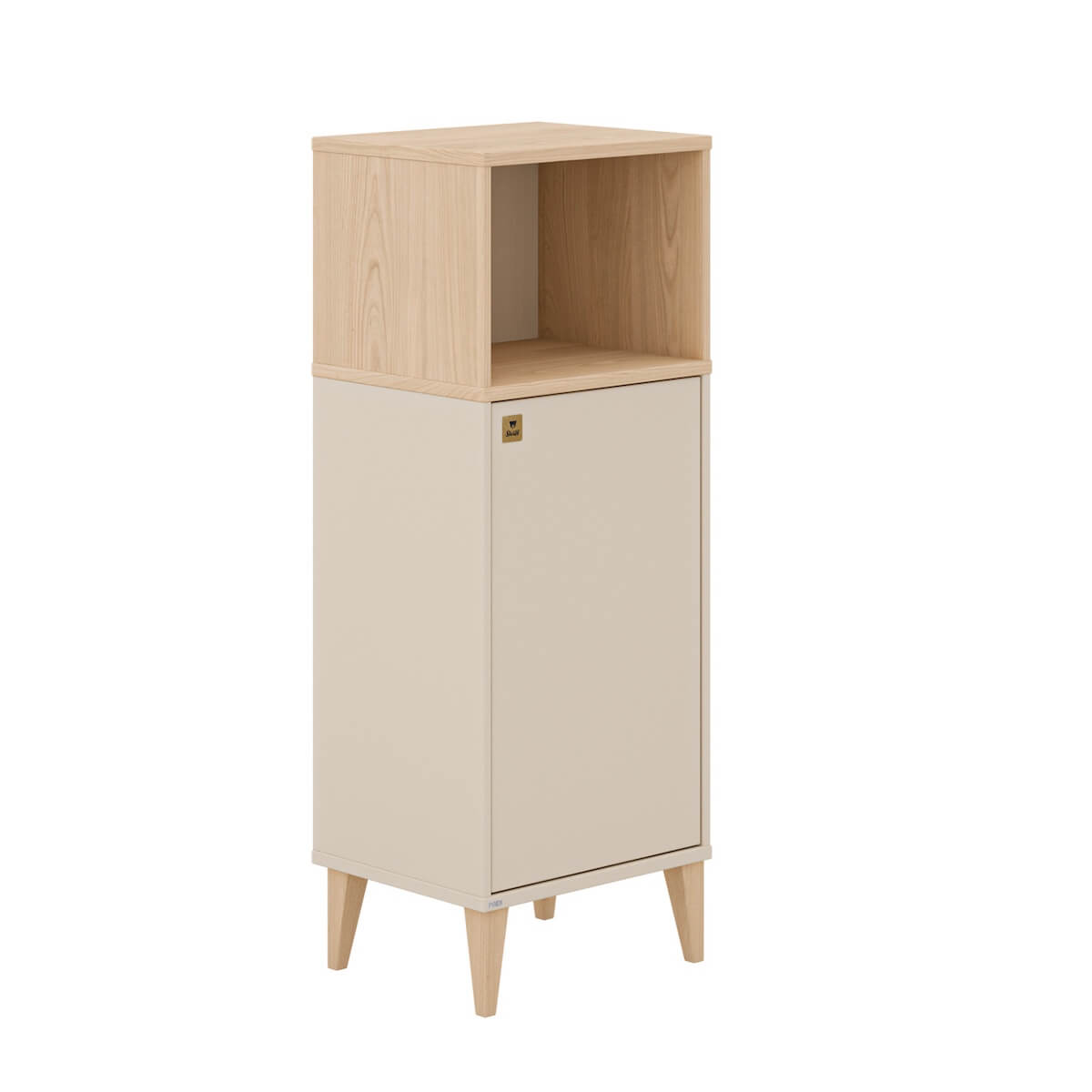 Obere Etagen, 1 offenes Zimmer, 1 Tür mit Öffnungsfunktion durch Drücken nach rechts, 1 Etagere MILA & BEN Paidi Beige cashmere / skandinavisches Holz