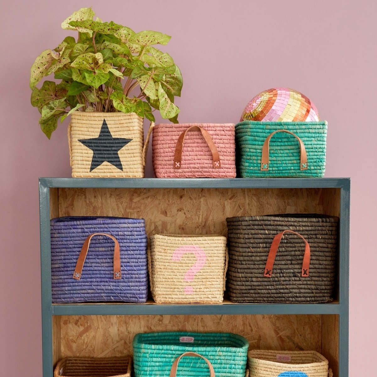 Raffia Storage Basket Rice blue