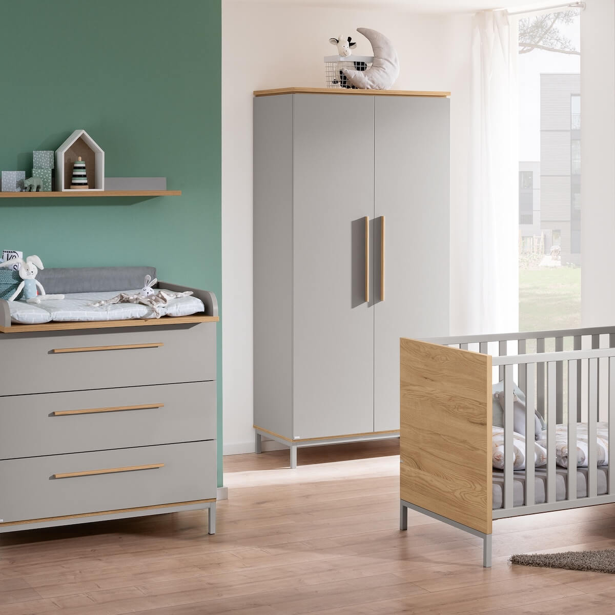 Schrank 2T, 2 Ports, 1 Mittelwand, 2 schmale Kleiderstangen, 5 schmale Regalböden BENNE Paidi Eiche Montana Schiefergrau