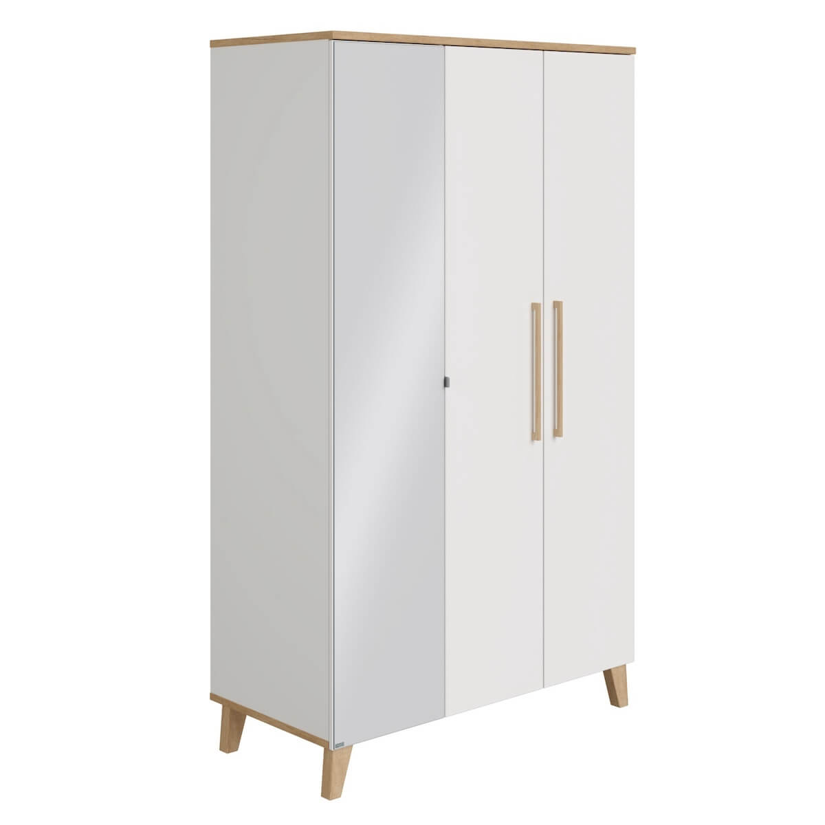 Schrank 3T Spiegel links, 3 Ports, 1 Mittelwand, 4 schmale Regalböden, 2 breite Regalböden, 2 breite Kleiderstangen OSCAR Paidi Eiche Nebraska / Weiß