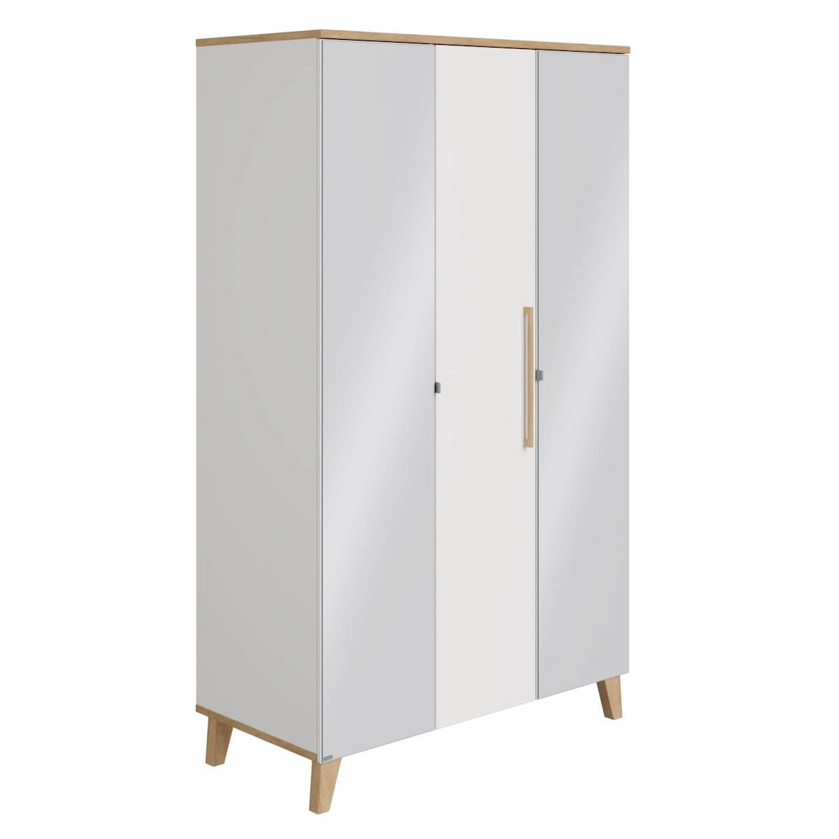 Schrank 3T Spiegel links + rechts, 3 Ports, 1 Mittelwand, 4 schmale Regalböden, 2 breite Regalböden, 2 breite Kleiderstangen OSCAR Paidi Eiche Nebraska / weiß