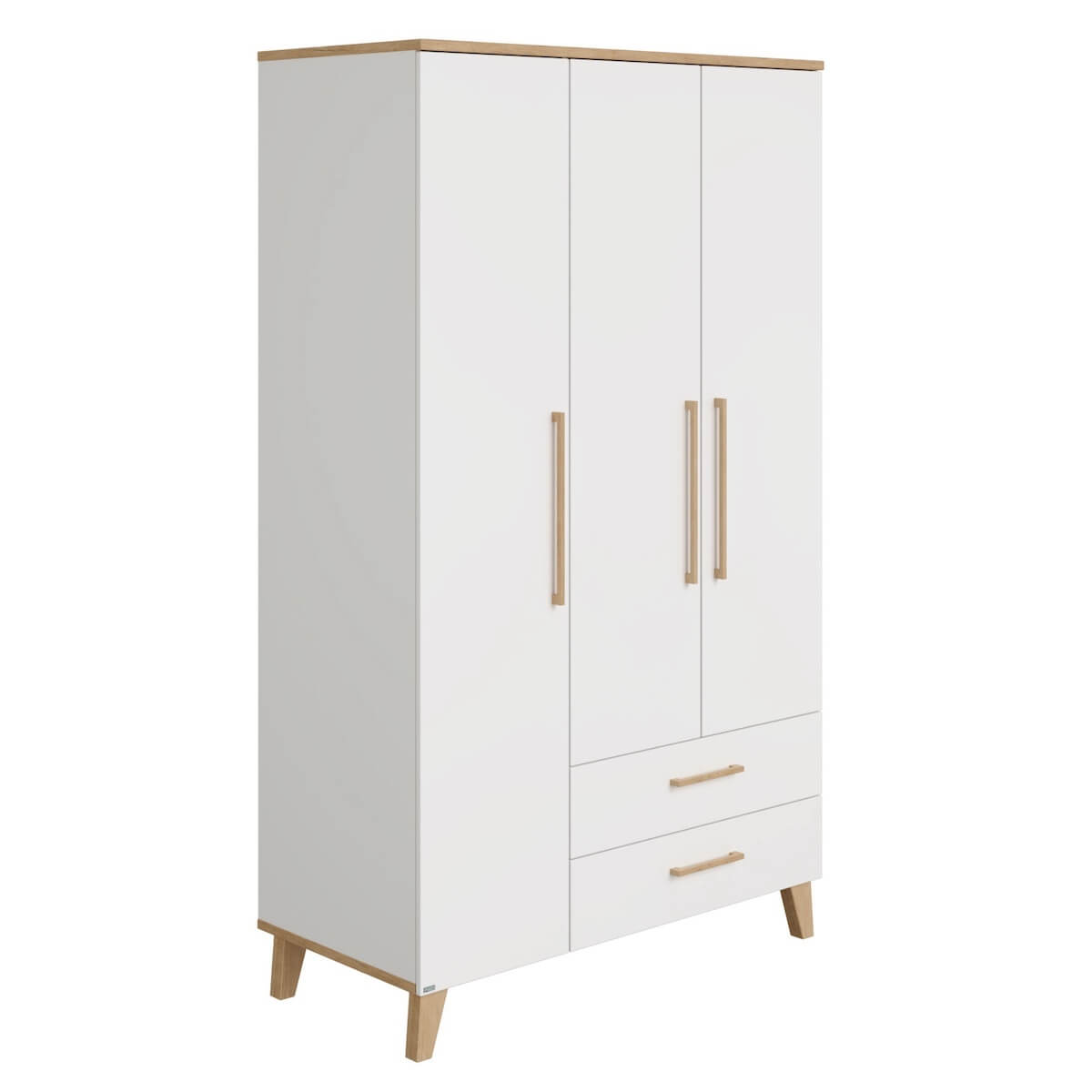 Schrank 3T2S ohne Spiegel, 3 Türen, 2, Schubladen, 1 Mittelwand, 4 schmale Regalböden, 1 breiter Regalboden, 1 breite Kleiderstange OSCAR Paidi Eiche Nebraska / weiß