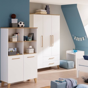 Schrank 3T2S ohne Spiegel, 3 Türen, 2, Schubladen, 1 Mittelwand, 4 schmale Regalböden, 1 breiter Regalboden, 1 breite Kleiderstange OSCAR Paidi Eiche Nebraska / weiß