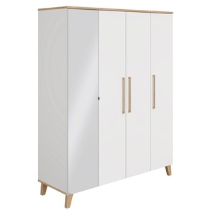 Schrank 4T Spiegel links, 4 Türen, 2 Zwischenwände, 8 schmale Einlegeböden, 2 breite Einlegeböden, 2 breite Kleiderstangen OSCAR Paidi Eiche Nebraska / weiß