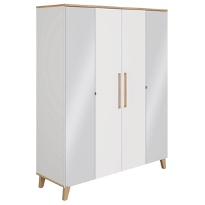 Schrank 4T Spiegel links + rechts, 4 Ports, 2 Mittelwände, 8 schmale Regalböden, 2 breite Regalböden, 2 breite Kleiderstangen OSCAR Paidi Eiche Nebraska / weiß