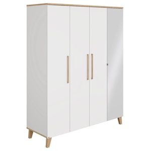 Schrank 4T Spiegel rechts, 4 Ports, 2 Zwischenwände, 8 schmale Regalböden, 2 breite Regalböden, 2 breite Kleiderstangen OSCAR Paidi Eiche Nebraska / Weiß