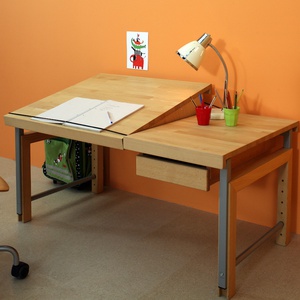 Schreibtisch schrägstellbar ⅔ ZIGGY de Breuyn Buche massiv Ausführung natürlich - graues Metall