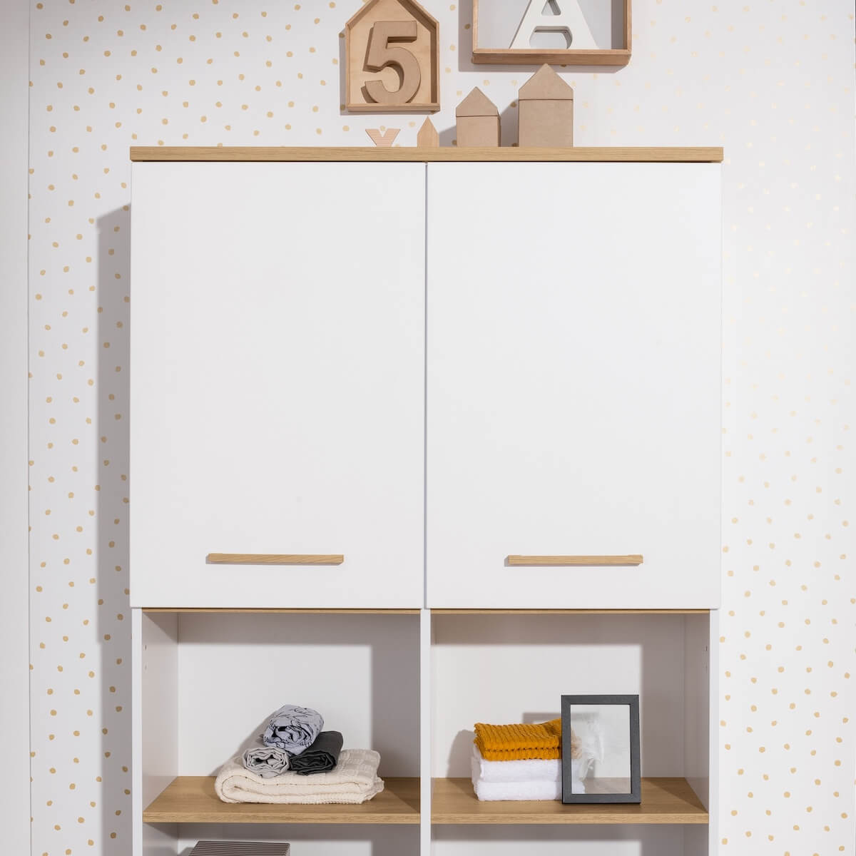 Standregal, 2 Türen oben, 4 offene Fächer OSCAR Paidi Eiche Nebraska / weiß