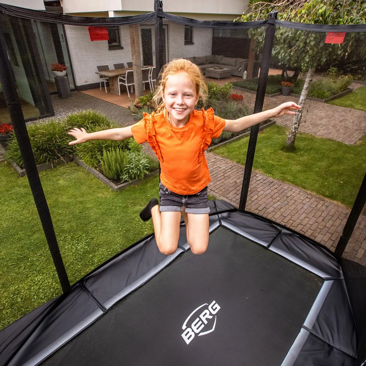 Trampolin 280cm In Ground ULTIM FAVORIT + Safety Net Comfort Berg grey