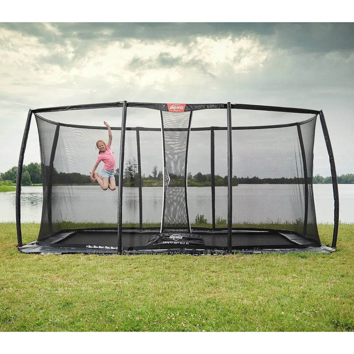 Trampolin 410cm FlatGround ULTIM CHAMPION + Safety Net Deluxe XL Berg grey