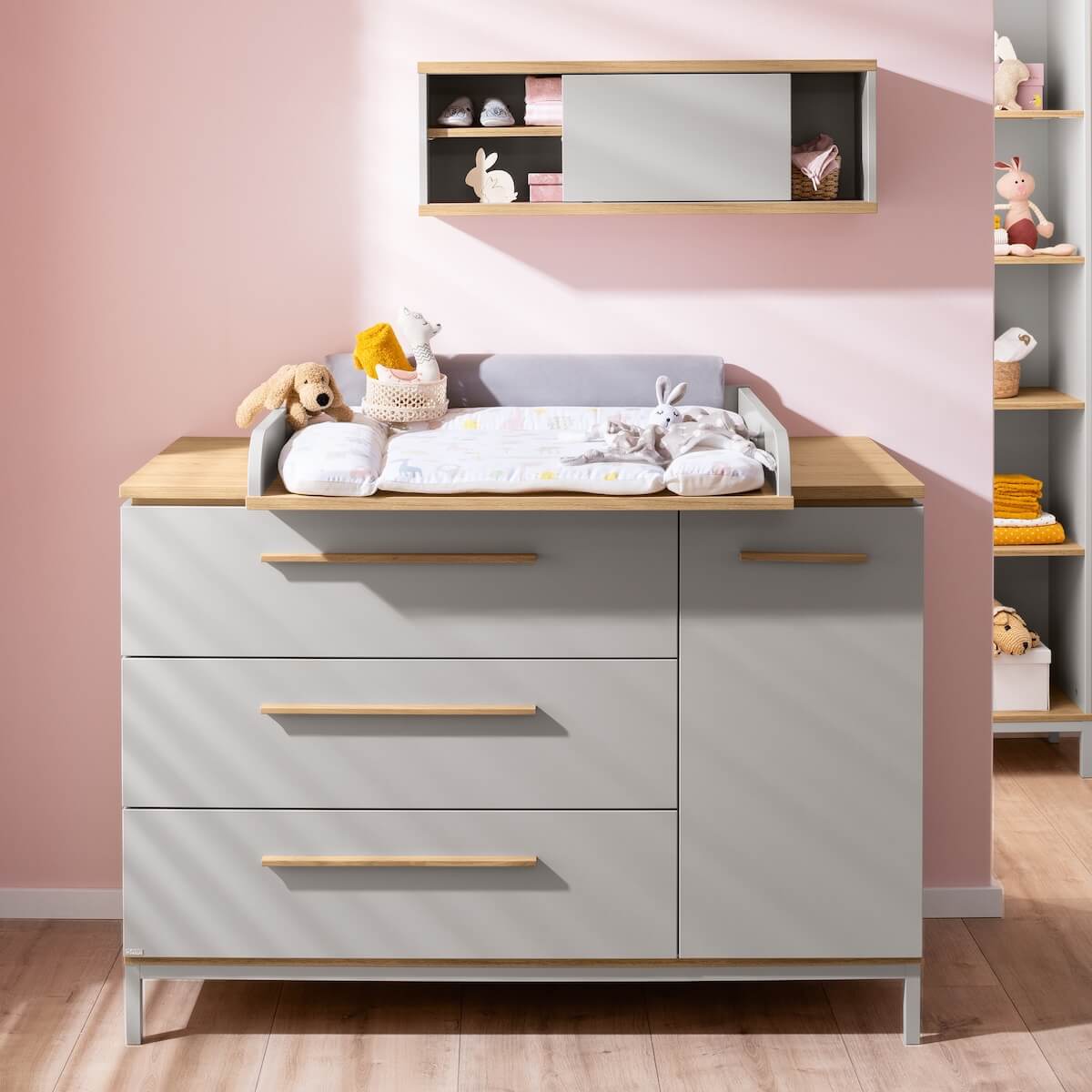 Wandregal 1 Schiebetür, 1 Mittelwand, 1 Regal (kann links oder rechts montiert werden) BENNE Paidi Eiche Montana Schiefergrau