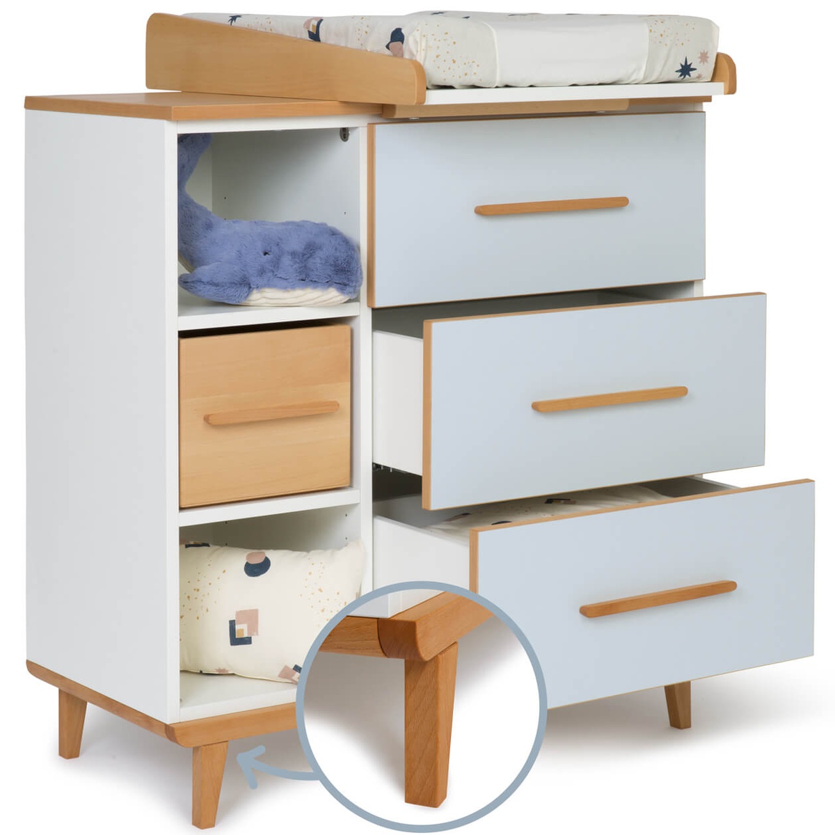 Wickelkommode 3 Schubladen 3 Nischen NADO Retro Buche sky blue